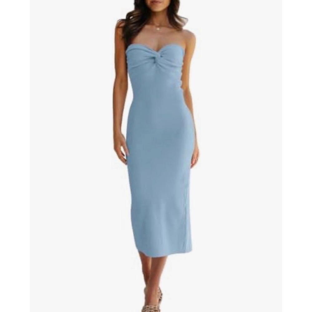 Amazon Knit Strapless Bodycon Light Blue Midi Dress Sweetheart Back Slit Small